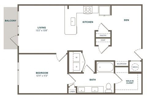 Floor plan for 1 bed, 1 bath, 936 sqft